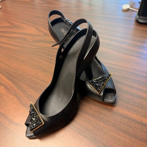 Melissa Lady Dragon Elegant Black Heels Sandals Peep Toe Gold Accents Sz 8 Chic - Picture 1 of 5